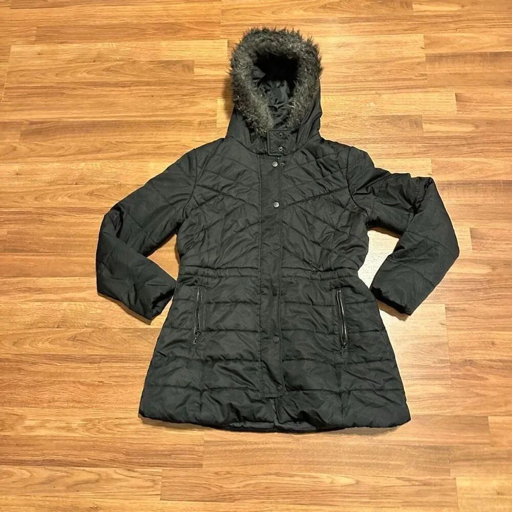 Merona Puffer Jacket Black with Faux Fur | Women Size Large